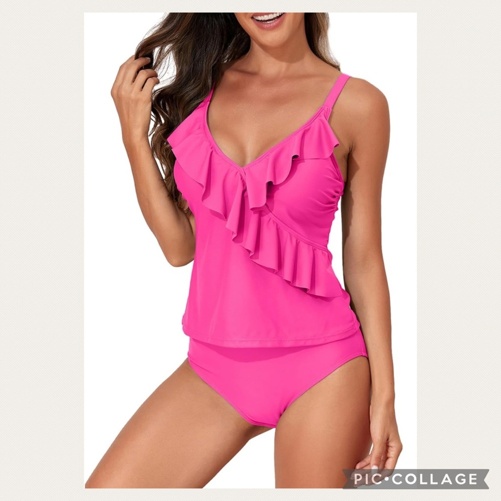 NEW! Sexy 2 Pc Hot Pink Ruffle Bikini Tankini Swimsuit W/Tummy Control System
